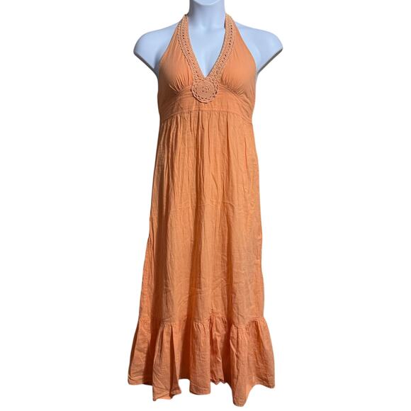 Tommy Bahama Light Orange crochet halter Cotton Maxi Dress with Ruffle - Small - Picture 1 of 7